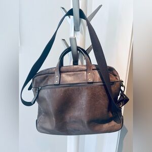 Fossil Grey Brown Leather Laptop Briefcase Bag unisex